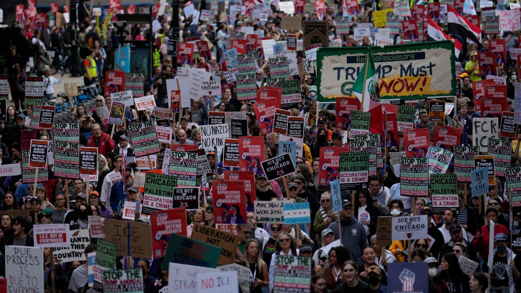 People march during Illinois Coalition for Immigrant & Refugee Rights' "Chicago Says No Trump No Troops" protest Saturday, Sept. 6, 2025, in Chicago. (AP Photo / Carolyn Kaster)