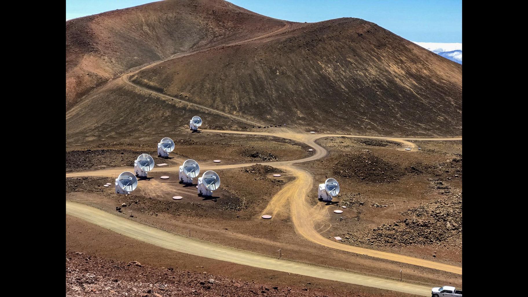 This April 4, 2019, photo, provided by Maunakea Observatories shows the Submillimeter Array, part of the Event Horizon Telescope network on the summit of Mauna Kea, Hawaii. Scientists on Wednesday, April 10, revealed the first image ever made of a black hole using these telescopes. (Maunakea Observatories via AP)