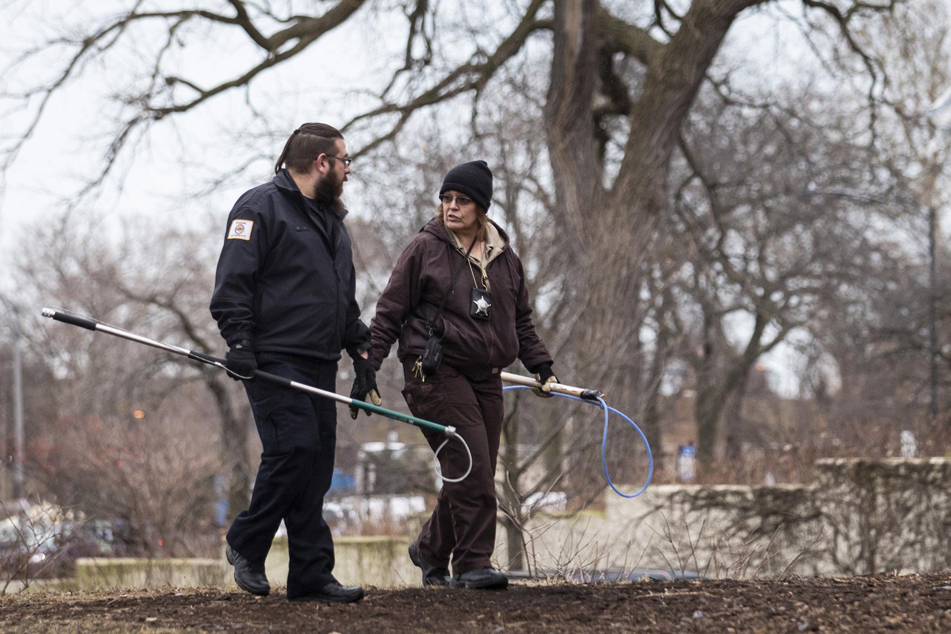 A Chicago Animal Care and Control inspector, right, and a warden from Cook County Animal Control fan out around the Peggy Notebaert Nature Museum in Lincoln Park to look for a possible coyote den, Thursday morning, Jan. 9, 2020. (Ashlee Rezin Garcia / Chicago Sun-Times via AP)