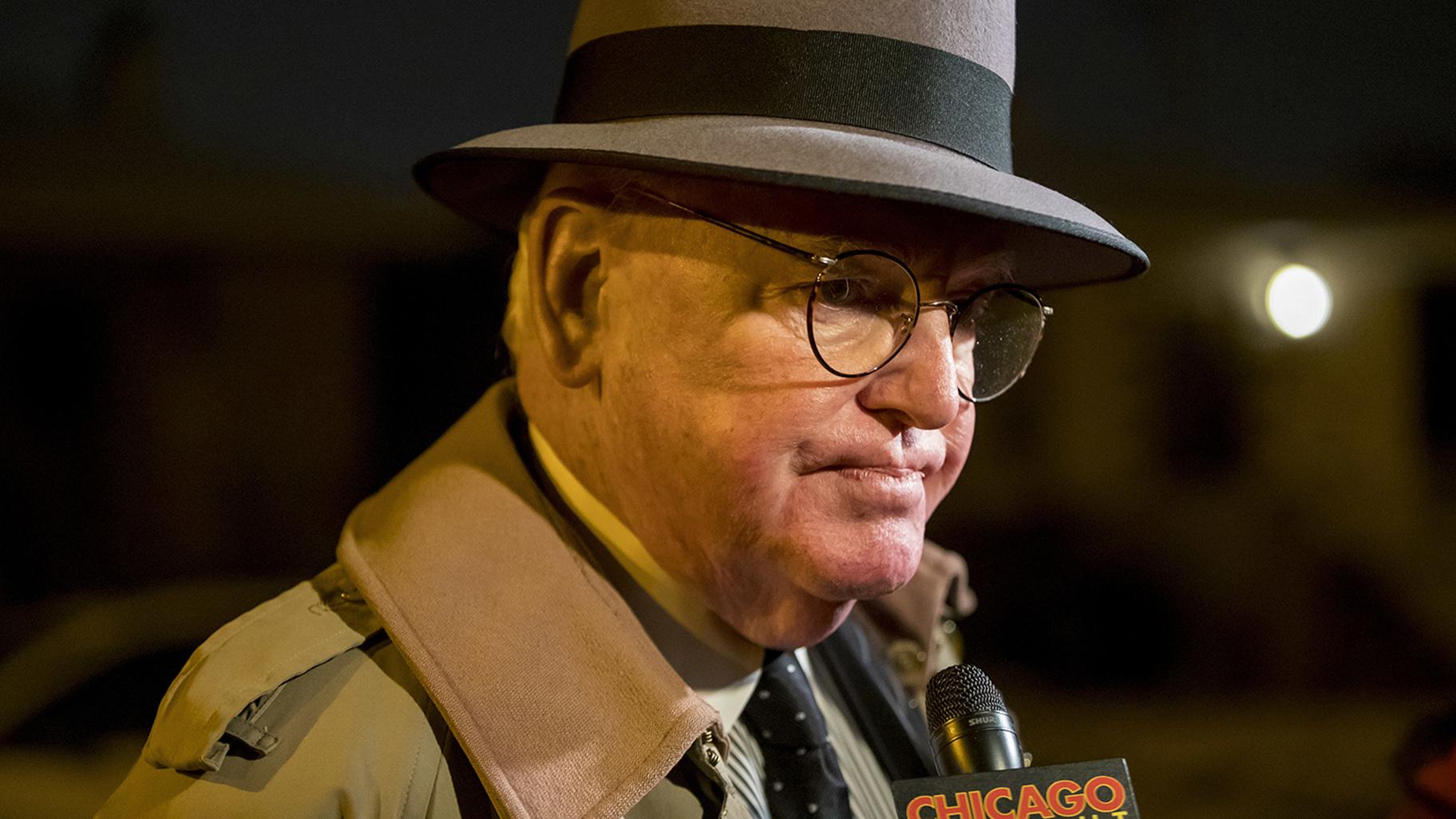 Ald. Ed Burke speaks to “Chicago Tonight” and other media after returning to his home on the Southwest Side on Thursday, Nov. 29, 2018. Earlier in the day, federal agents conducted a raid on his offices. (Brian Cassella / Chicago Tribune via AP)