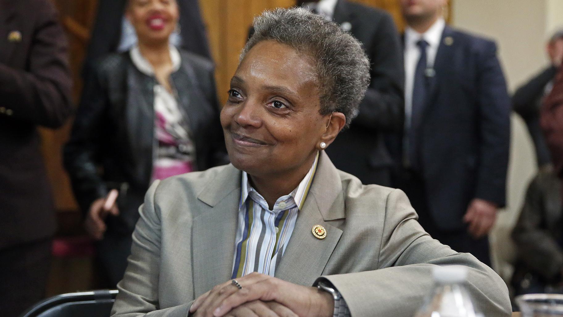 Chicago Mayor-elect Lori Lightfoot smiles during a press conference at the Rainbow PUSH organization on Wednesday, April 3, 2019. (AP Photo / Nuccio DiNuzzo)