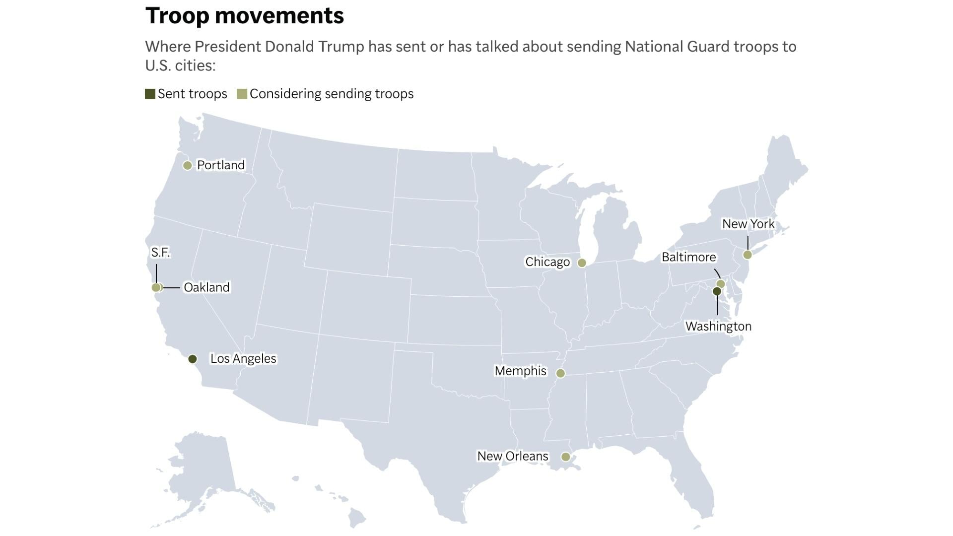 Where President Trump has sent and considered sending National Guard troops. (AP Digital Embed)