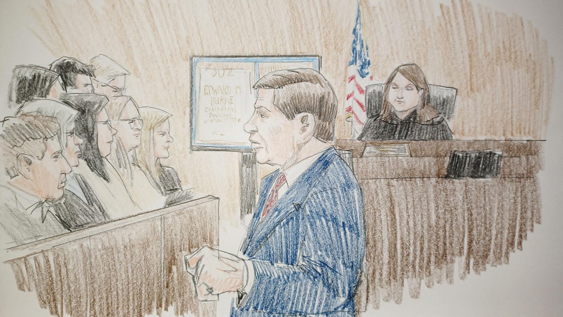 Assistant U.S. Attorney Timothy Chapman delivers his opening statement before U.S. District Court Judge Virgina Kendall on Nov. 16, 2023. (WTTW News)