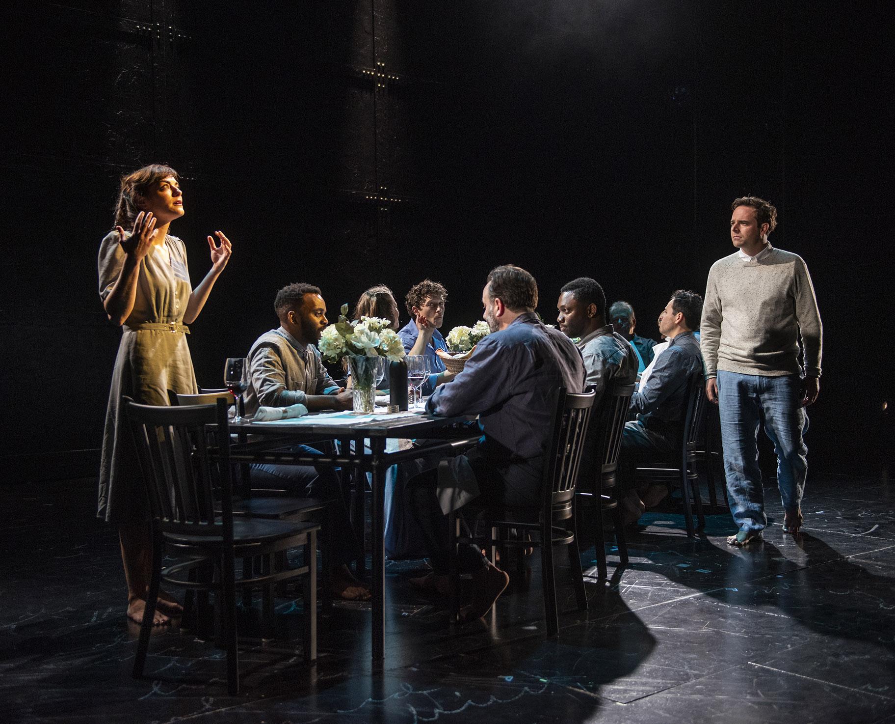 Abby Pierce, left, Patrick Mulvey, far right, and the cast of “The Adventures of Augie March.” (Photo by Michael Brosilow)