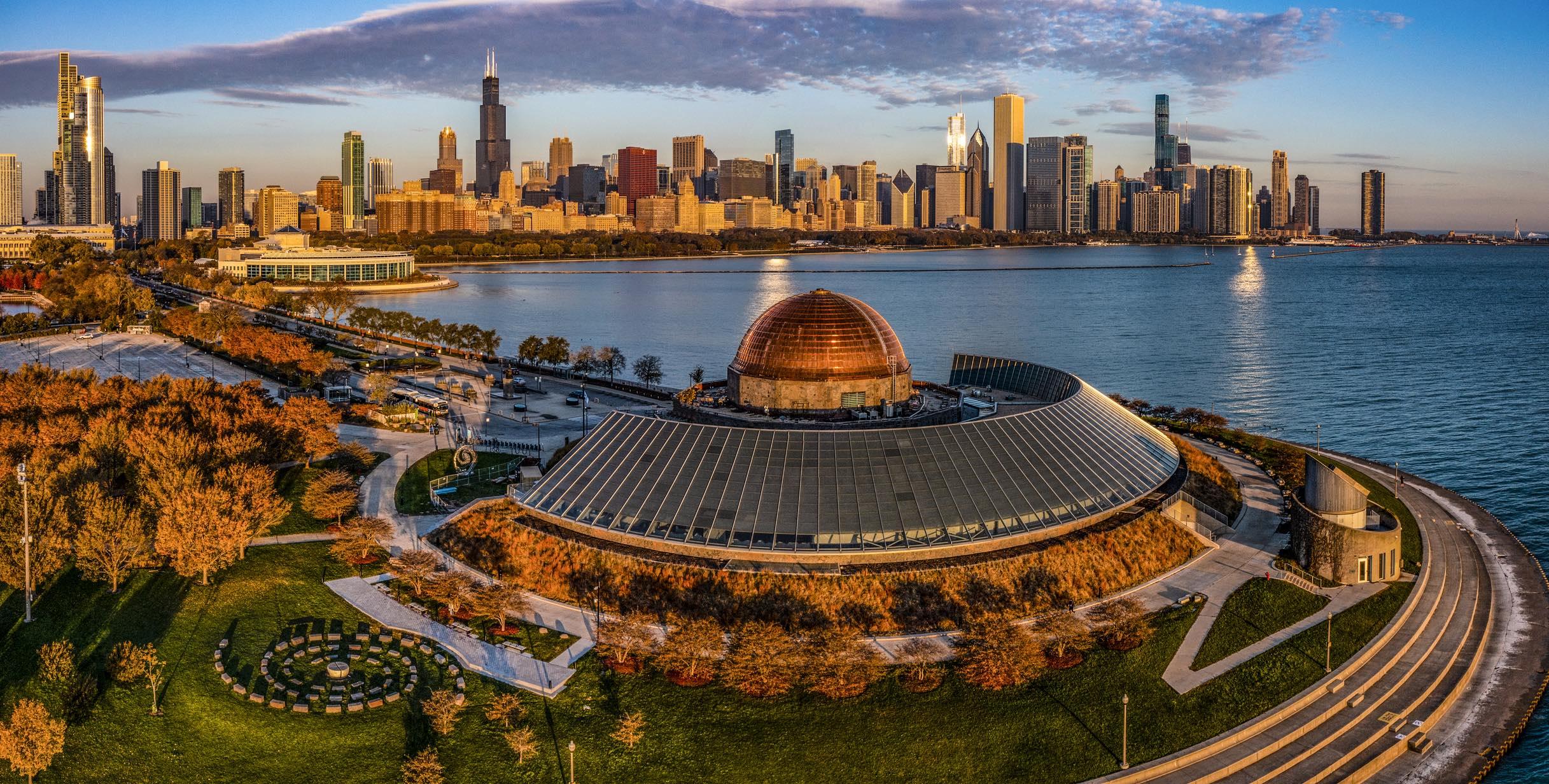 An aerial view of the Adler Planetarium against the Chicago skyline. (Vito Palmisano / iStock) An aerial view of the Adler Planetarium against the Chicago skyline. (Vito Palmisano / iStock)