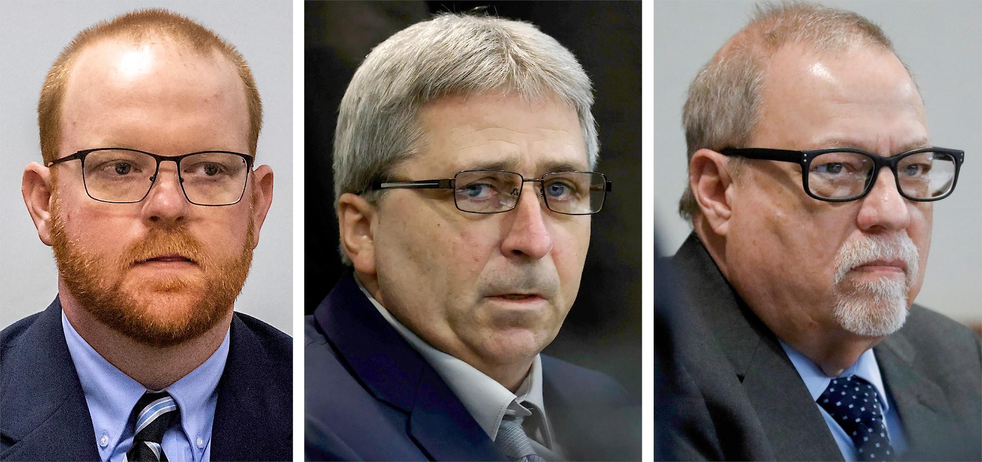 This photo combo shows, from left, Travis McMichael, William “Roddie” Bryan, and Gregory McMichael during their trial at the Glynn County Courthouse in Brunswick, Ga. (Pool, file)