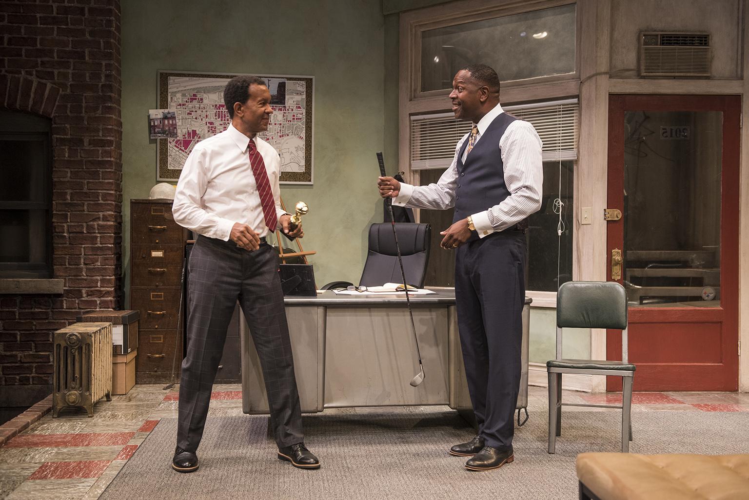 Allen Gilmore, left, and James Vincent Meredith in “Radio Golf” at Court Theatre. (Photo by Michael Brosilow)