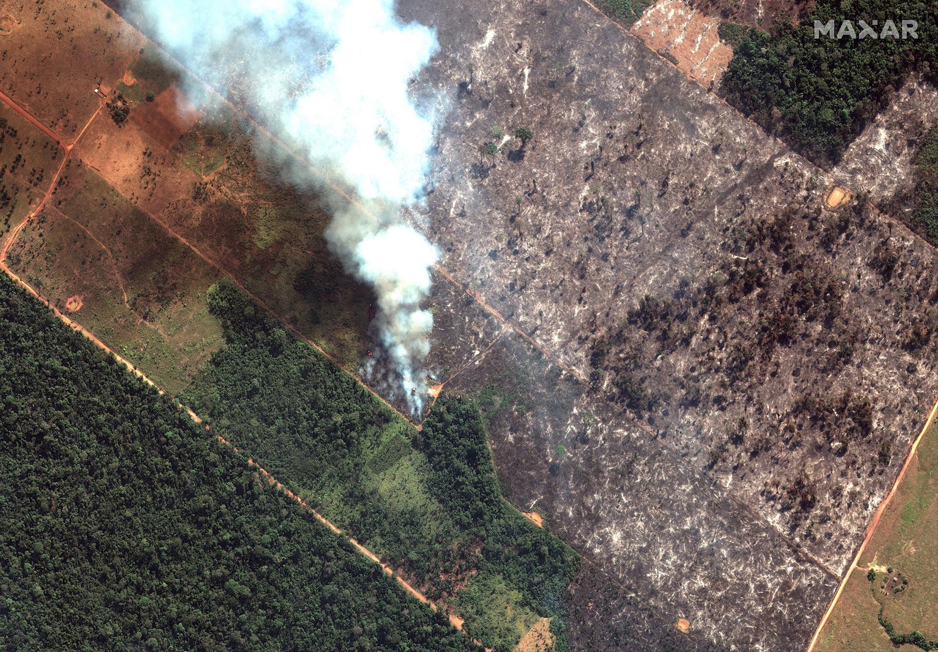 This Aug. 15, 2019 satellite image from Maxar Technologies shows a close-up view of a fire southwest of Porto Velho Brazil. Brazil's National Institute for Space Research, a federal agency monitoring deforestation and wildfires, said the country has seen a record number of wildfires this year as of Tuesday, Aug. 20. (Satellite image ©2019 Maxar Technologies via AP)