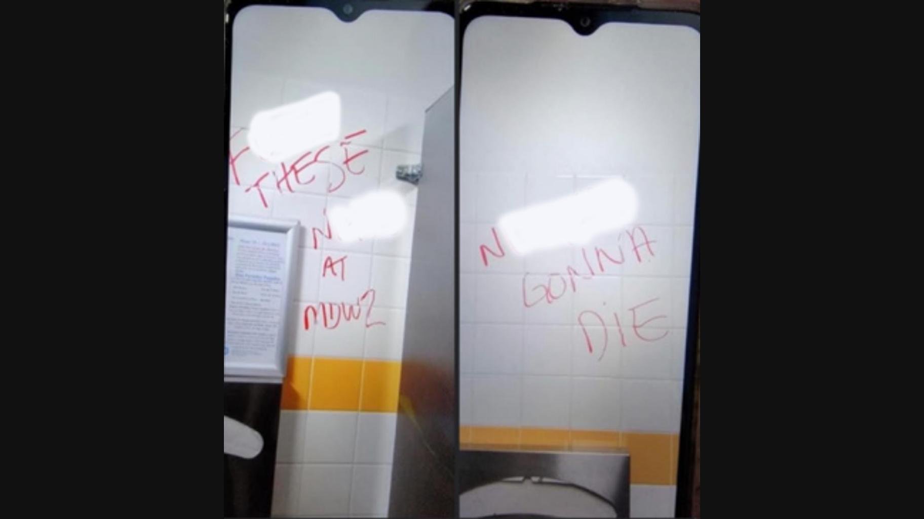 An image included in an EEOC complaint against Amazon shows racial slurs written in a bathroom of the Joliet facility. The racial slurs have been blurred out by WTTW News. (Complaint Provided)