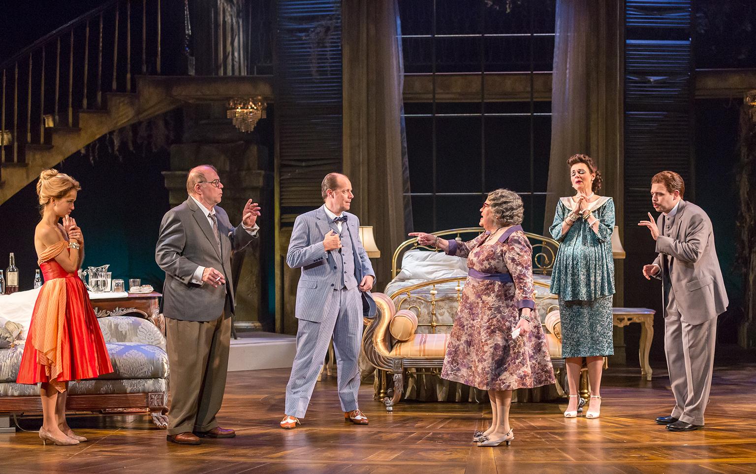 From left: Genevieve Angelson, Craig Spidle, Michael Milligan, Cindy Gold, Gail Rastorfer and Joe Bianco in “Cat on a Hot Tin Roof.” (Credit: Brett Beiner Photograpahy)
