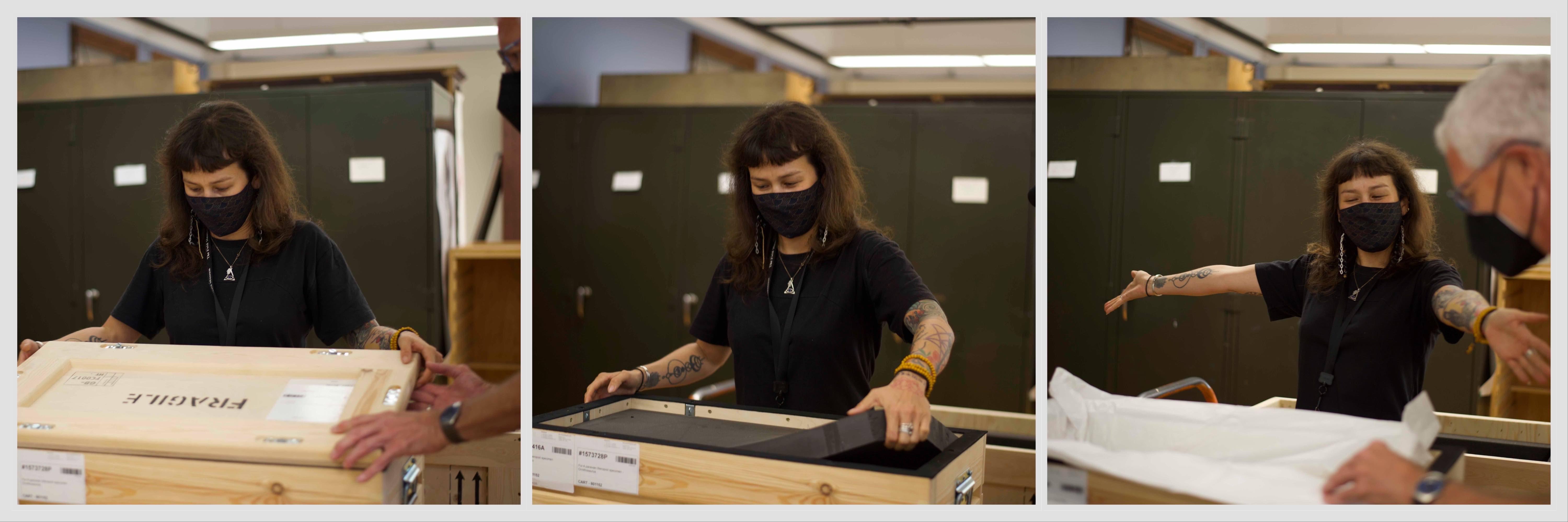 Jingmai O’Connor unboxing the Chicago Archaeopteryx in August 2022. (Courtesy of the Field Museum of Natural History)