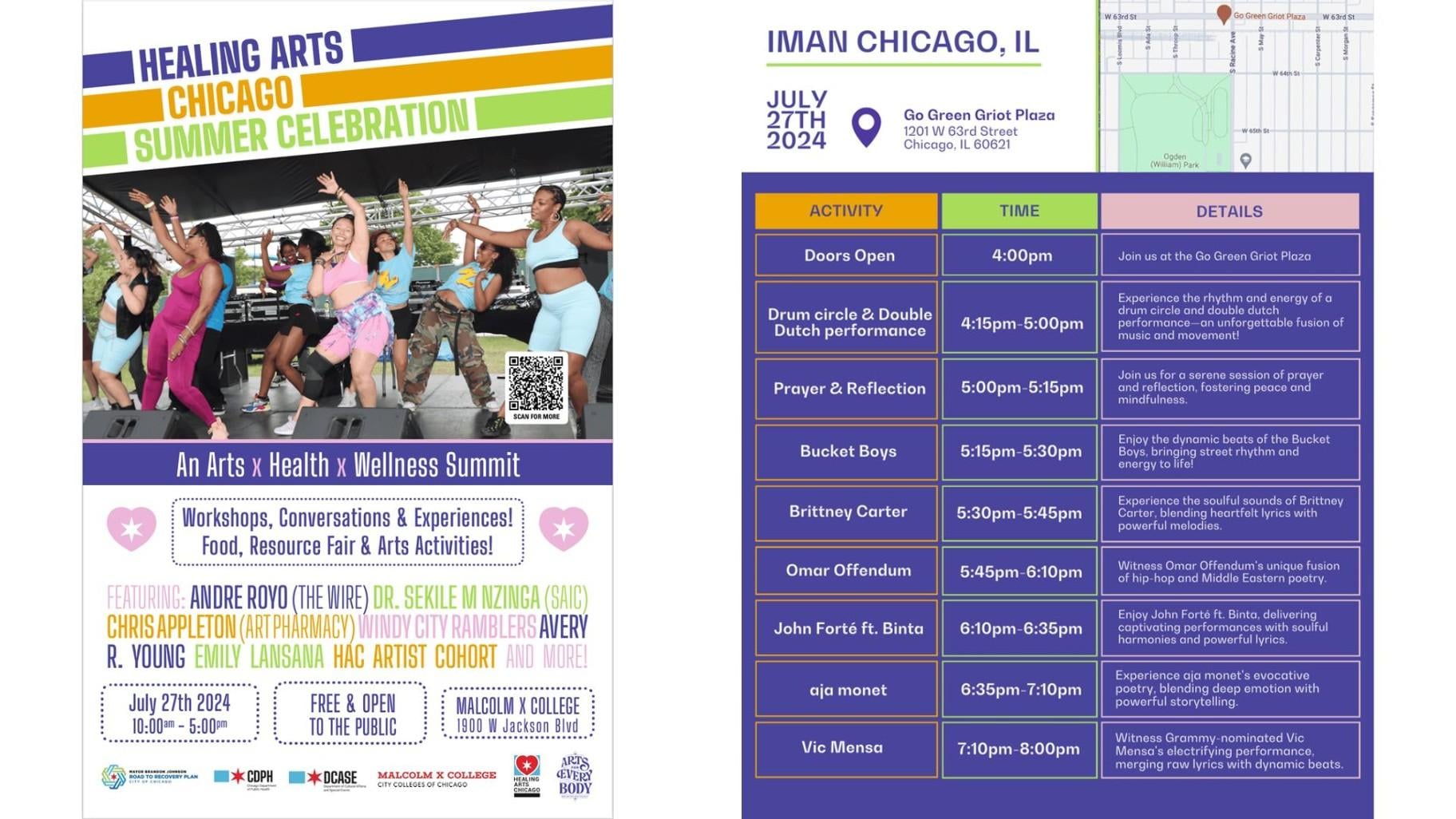 Event details for the two, separate community events being held in Chicago as part of the national “Arts for Everybody” campaign on July 27, 2024. (Courtesy of Arts for EveryBody)