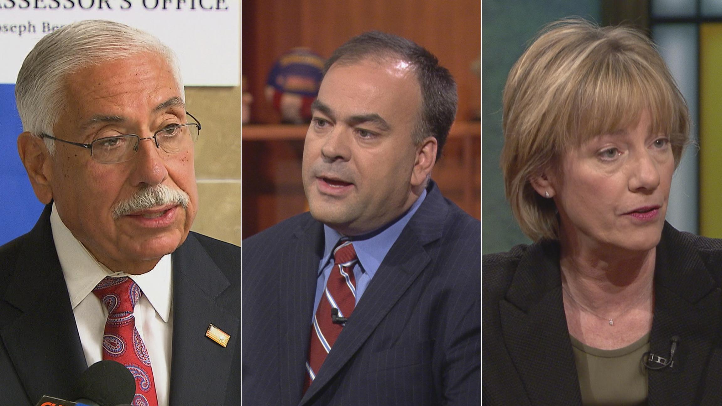 Cook County Assessor Joseph Berrios, left, Fritz Kaegi and Andrea Raila.