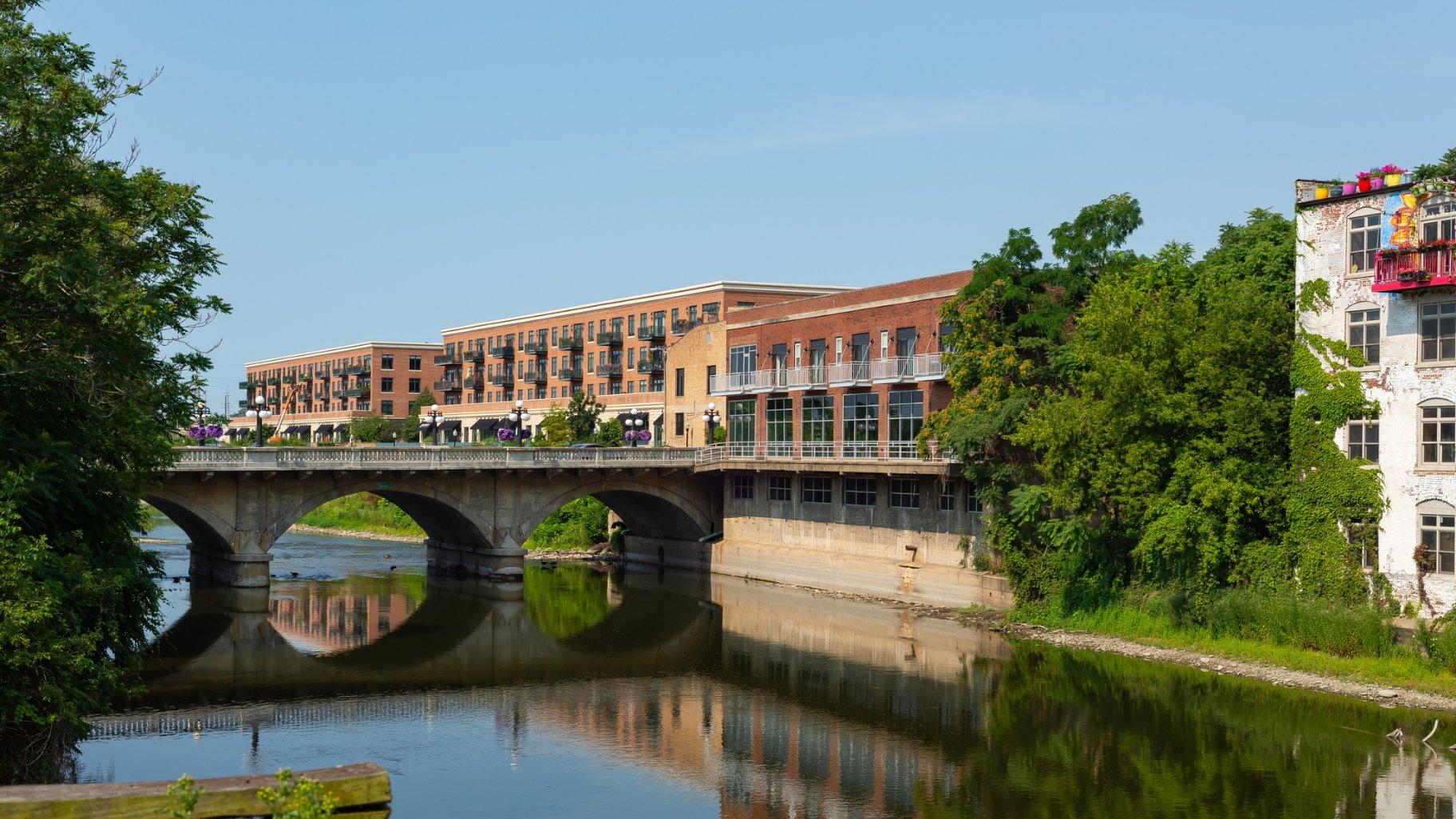 A view of Aurora from the Fox River is pictured in a file photo. (The Paramount Theater in Aurora is pictured in a file photo. (EJ Rodriquez / iStock)