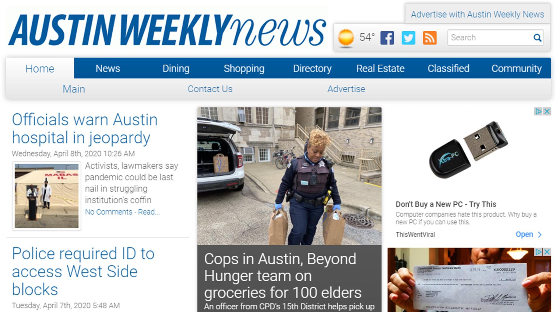 An image of the homepage of the Austin Weekly News website on Tuesday, April 4, 2020. (WTTW News)