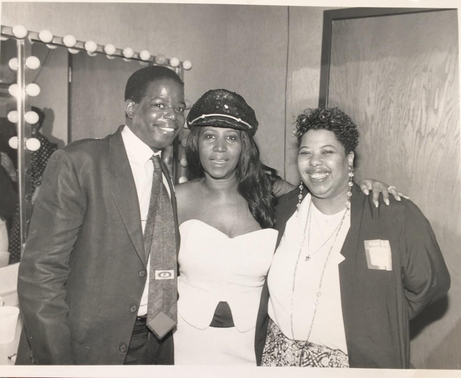 May 11, 1991: Aretha Franklin at the Holiday Star Plaza with Clarence Waldron, then senior editor at Jet Magazine, and Ava Odom Martin, then Ebony/Jet showcase producer and current Chicago Tonight assignment manager. (Courtesy of Debra Meeks Photography)