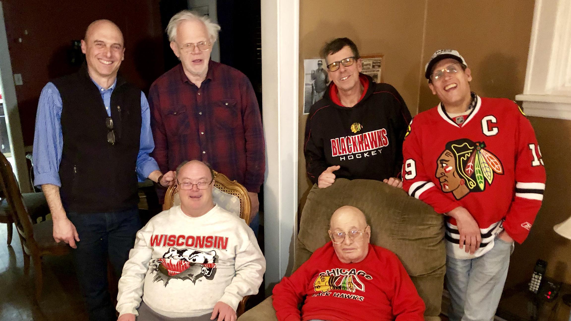 Jay Shefsky with the men of Amundsen House. Clockwise, from top left: Jay Shefsky, Allan Rehwinkel, Bill Rogers, Louis Kaufman, Jim Kearns, George Minasian. 