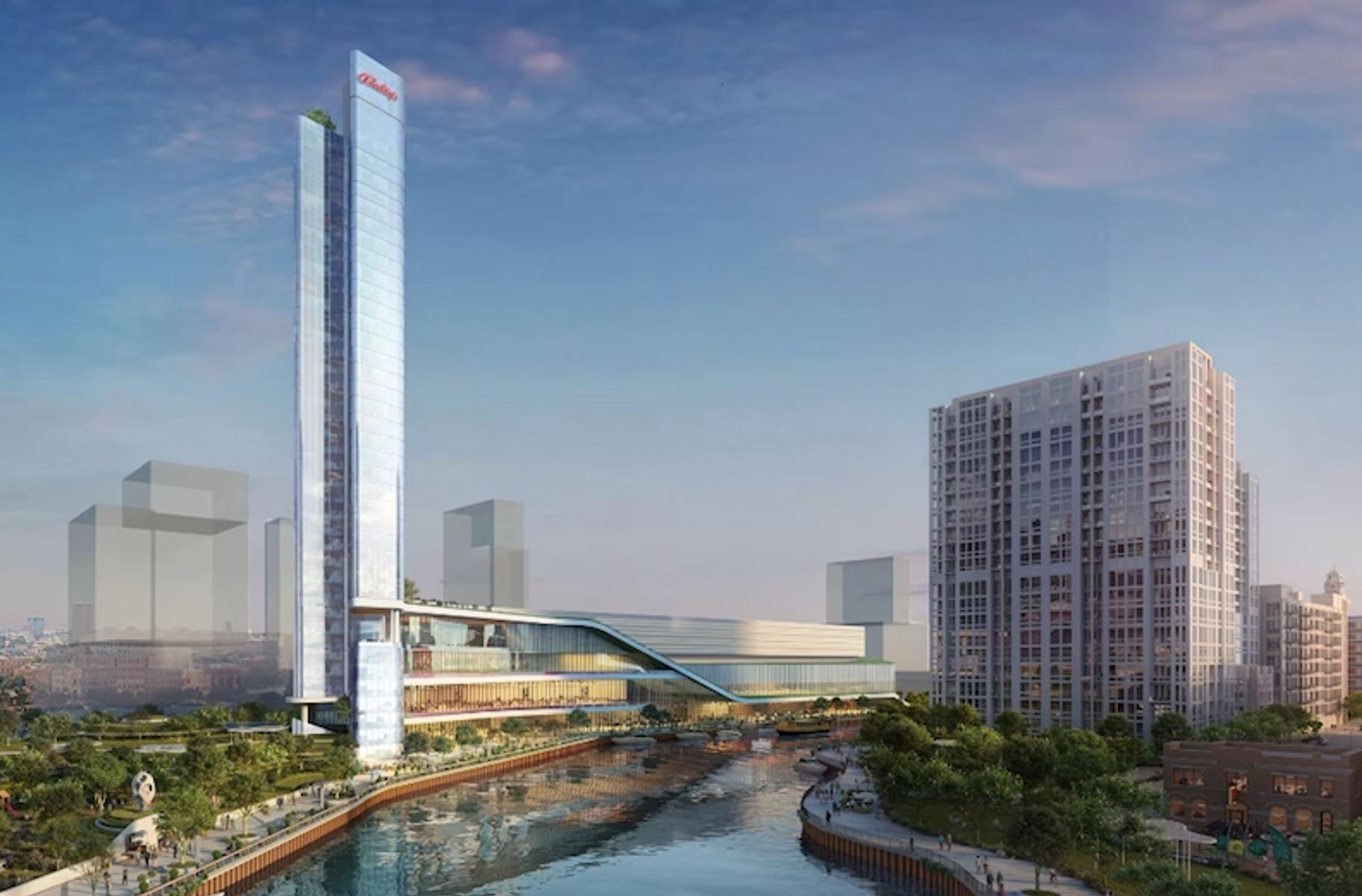 A rendering of the planned Bally’s casino, with the towering 500-room hotel rising over the Chicago River. (Courtesy of HSK)