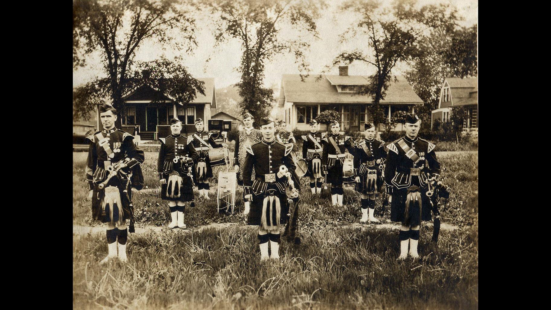 The British Legion Pipe Band photographed in Harvey, Illinois, in 1923. The band changed its name to the Chicago Stock Yard Kilty Band three years later. (Courtesy Chicago Stock Yard Kilty Band)
