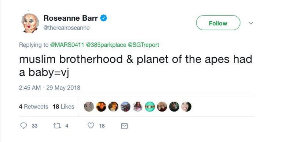 Screenshot of Roseanne Barr's tweet.