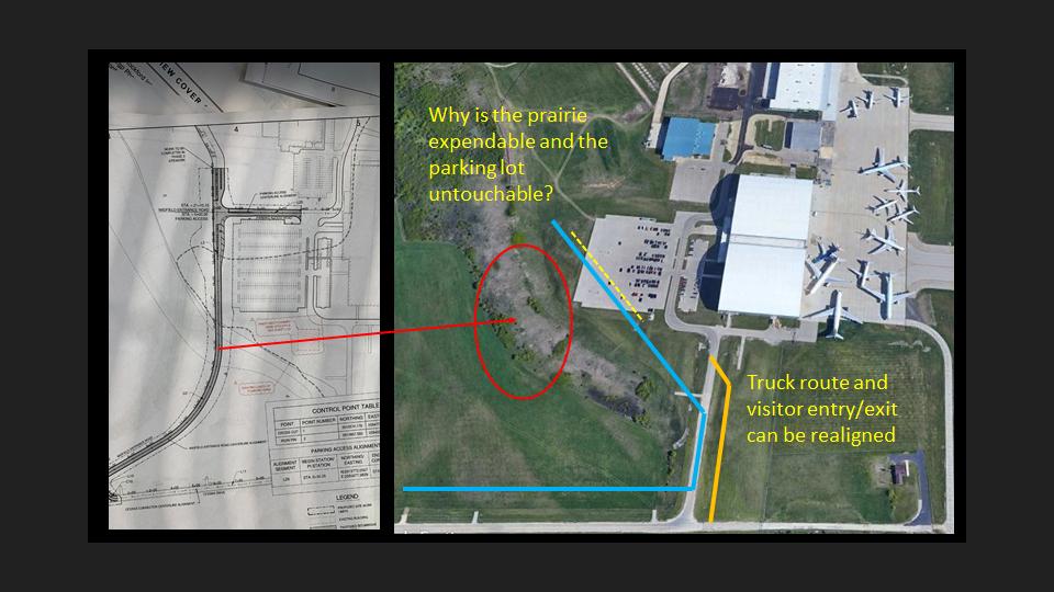 Renderings demonstrating the road (left) that would run through Bell Bowl Prairie as part of the Rockford Airport cargo expansion. (Courtesy of Save Bell Bowl Prairie)