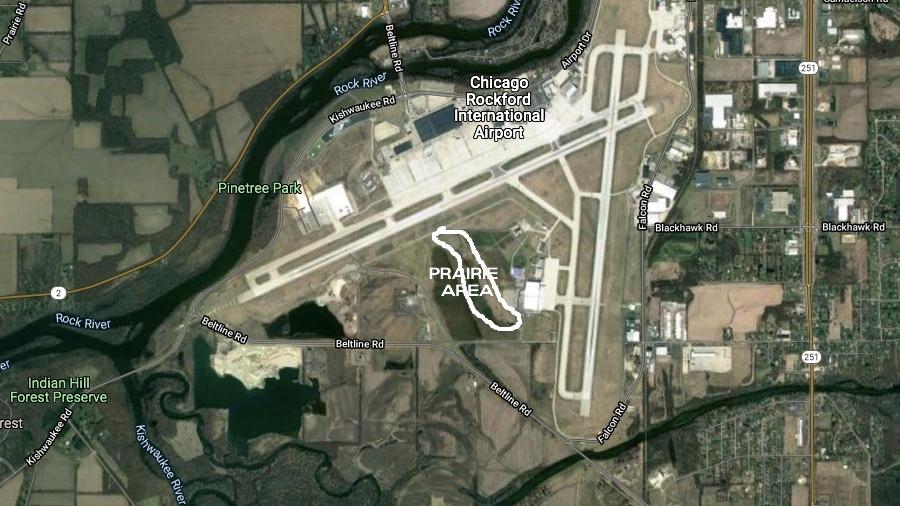 Satellite view of Chicago Rockford International Airport, with prairie area marked. (Google)