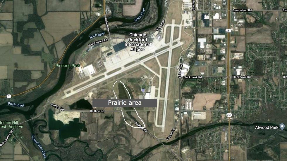 Satellite view of Chicago Rockford International Airport, with prairie area marked. (Google)