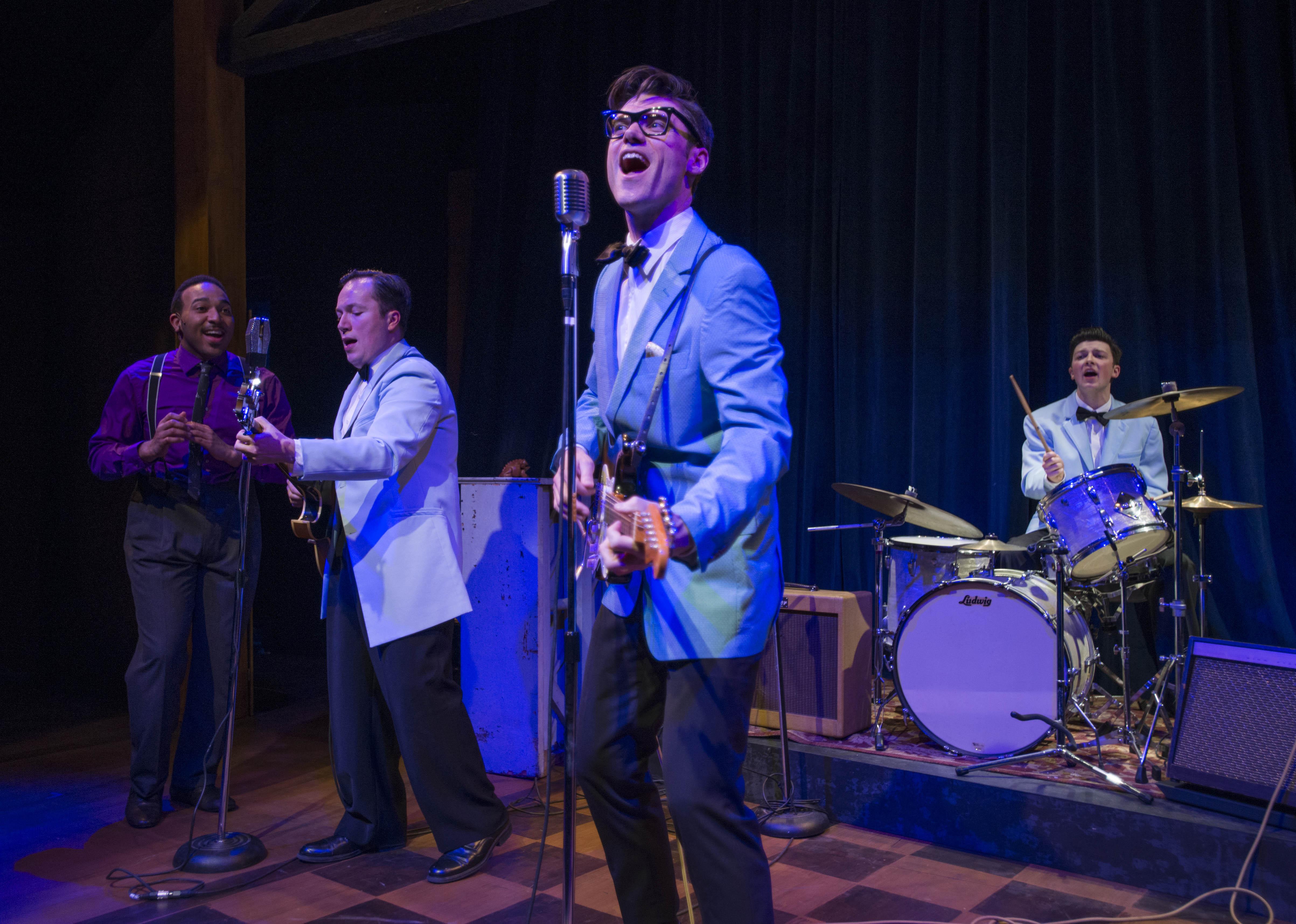 From left: Chuckie Benson, Michael Mahler, Zachary Stevenson and Kieran McCabe in “Buddy: The Buddy Holly Story.” (Photo credit: Michael Brosilow)