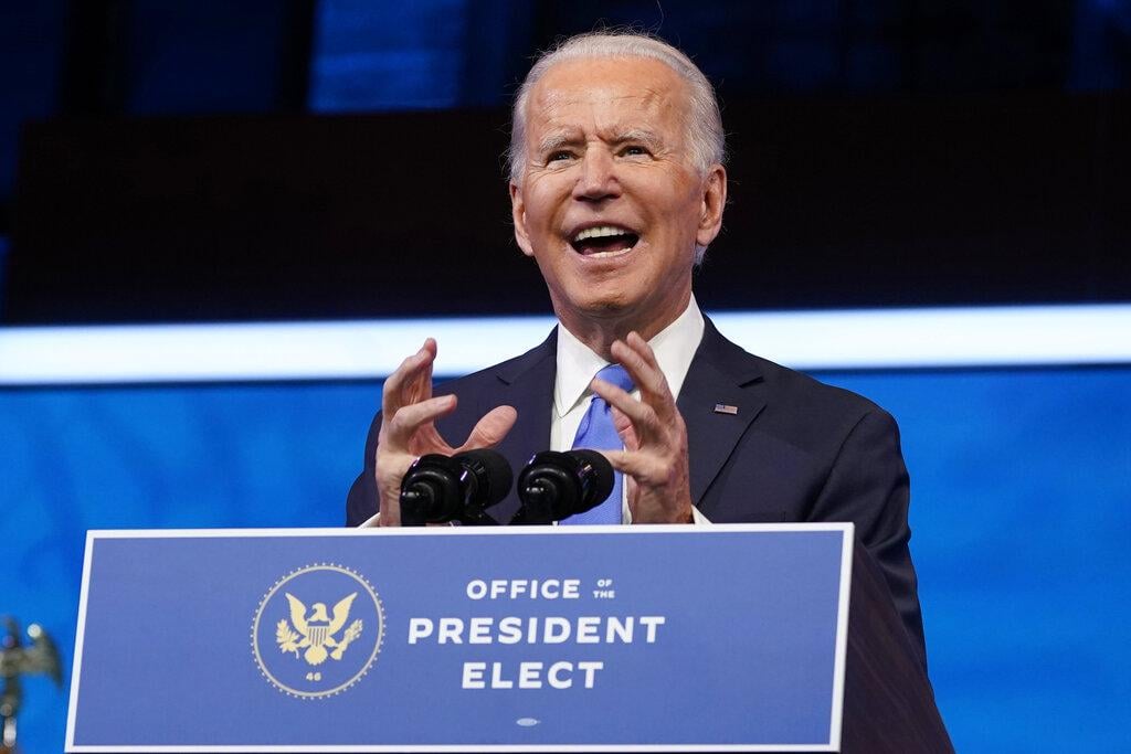President-elect Joe Biden speaks after the Electoral College formally elected him as president, Monday, Dec. 14, 2020, at The Queen theater in Wilmington, Del. (AP Photo / Patrick Semansky)