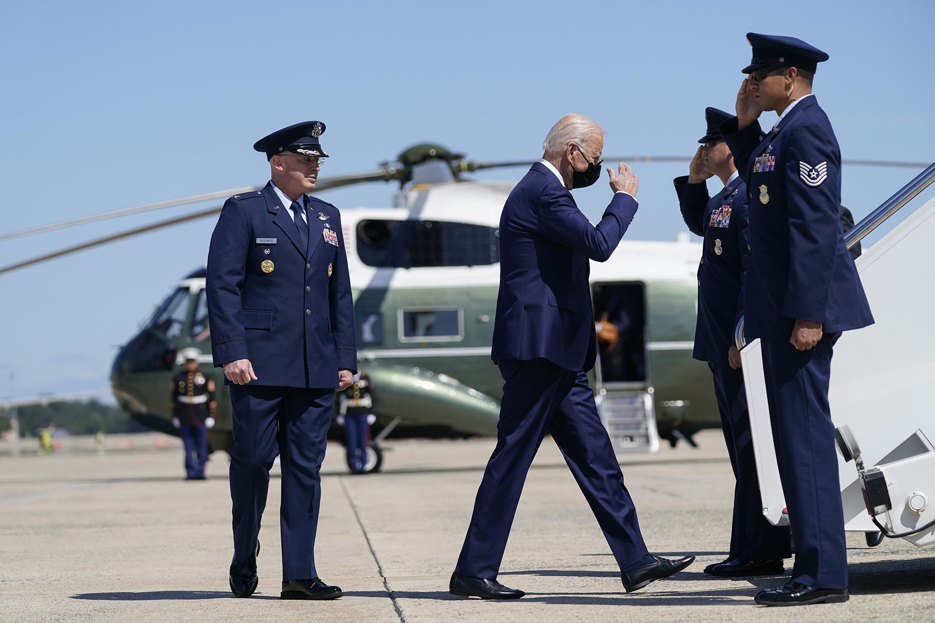 President Joe Biden returns a salute as he walks to board Air Force One to travel to Louisiana to view damage caused by Hurricane Ida, Friday, Sept. 3, 2021, in Andrews Air Force Base, Md. (AP Photo / Evan Vucci)