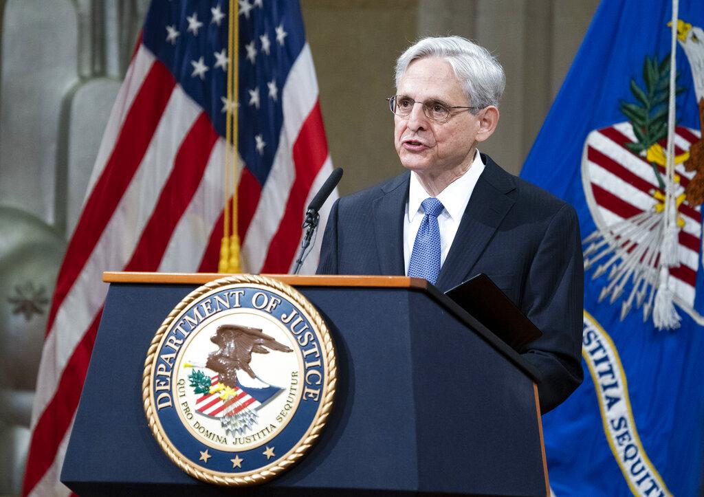 President Joe Biden’s pick for attorney general Merrick Garland, addresses staff on his first day at the Department of Justice, Thursday, March 11, 2021, in Washington. (Kevin Dietsch / Pool via AP)
