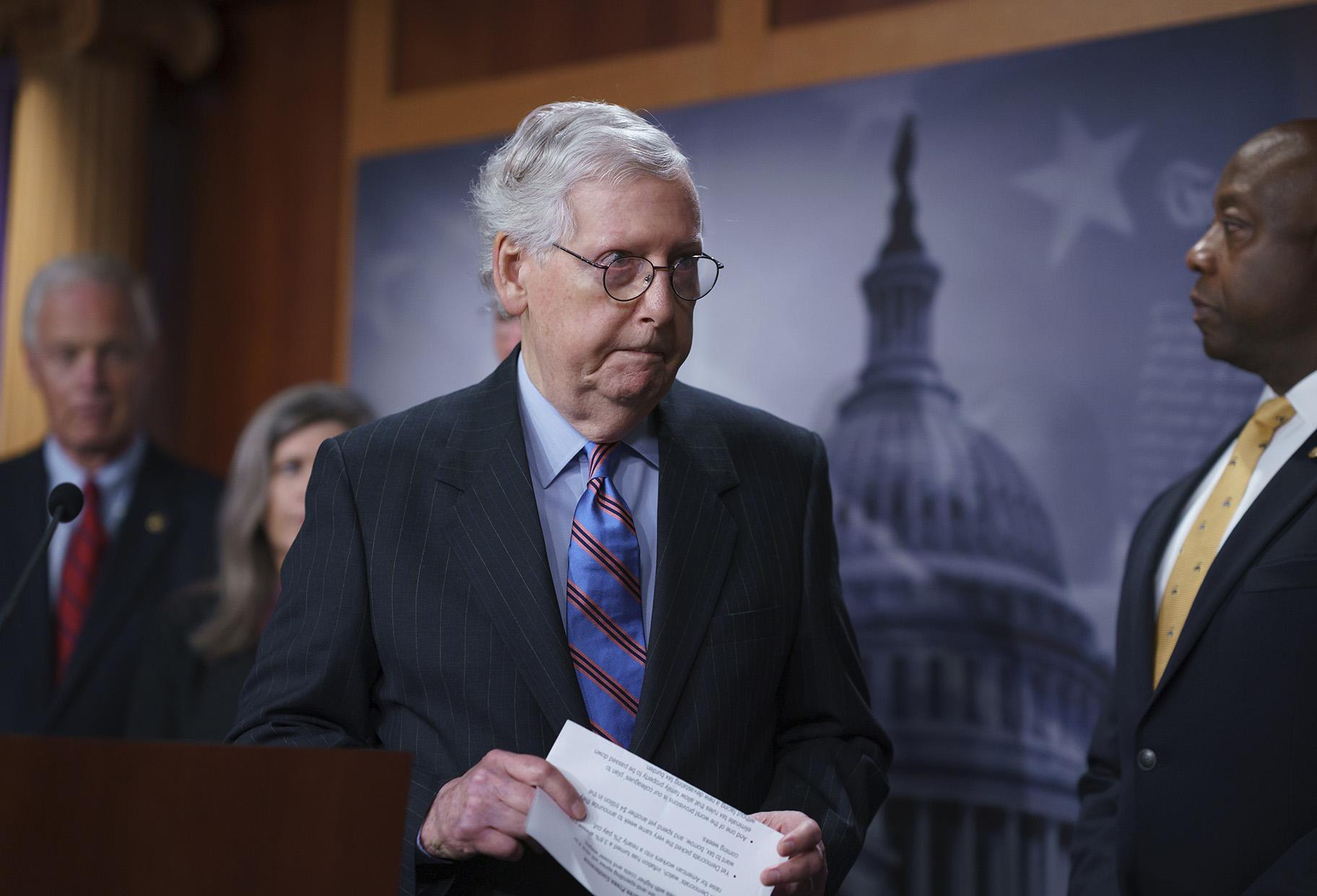 Senate Minority Leader Mitch McConnell, R-Ky., and other GOP senators speak to reporters ahead of a test vote scheduled by Democratic Leader Chuck Schumer of New York on the bipartisan infrastructure deal senators brokered with President Joe Biden, in Washington, Wednesday, July 21, 2021. (AP Photo / J. Scott Applewhite)