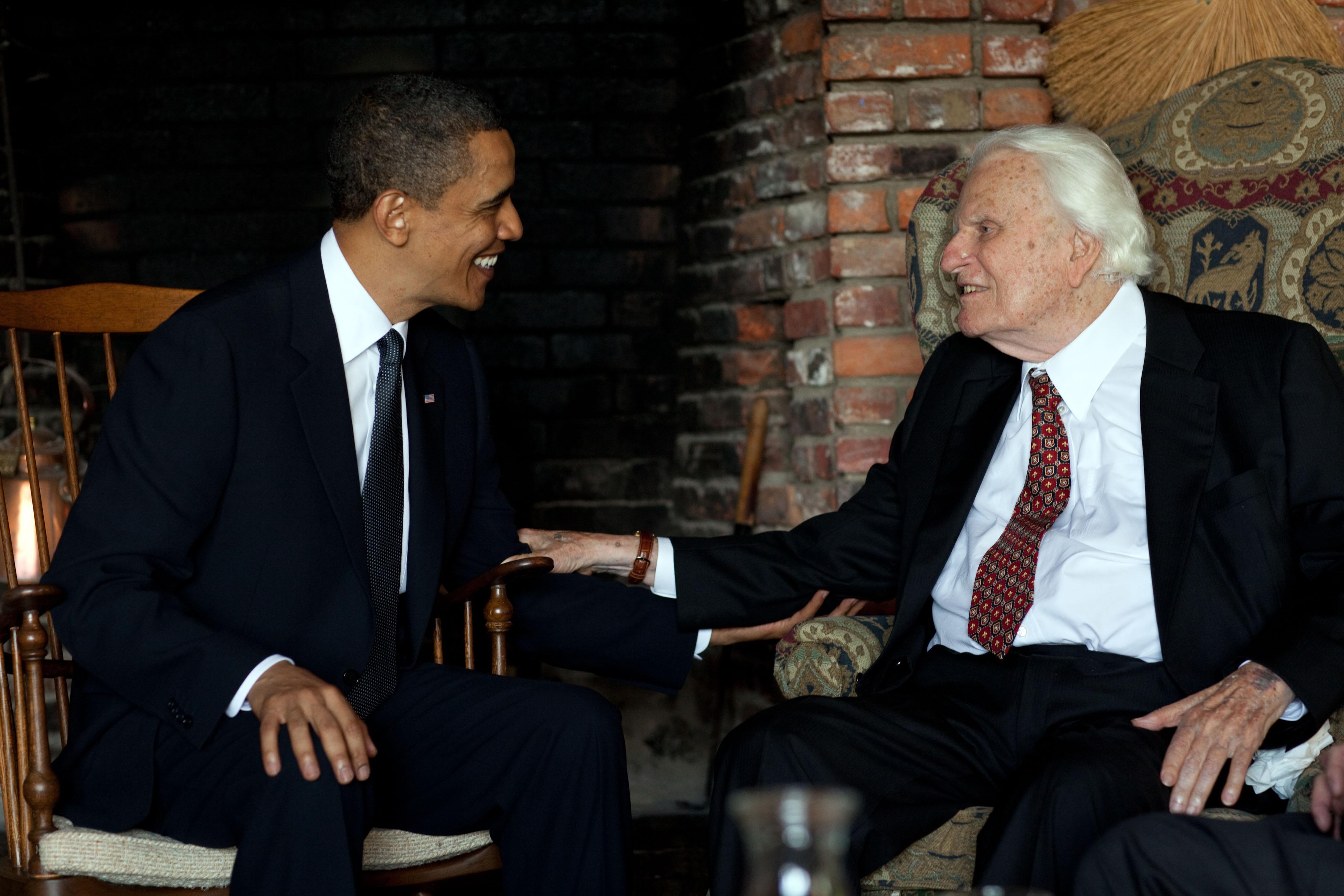 President Barack Obama meets with Rev. Billy Graham at his house in Montreat, N.C., April 25, 2010. (Official White House Photo by Pete Souza)