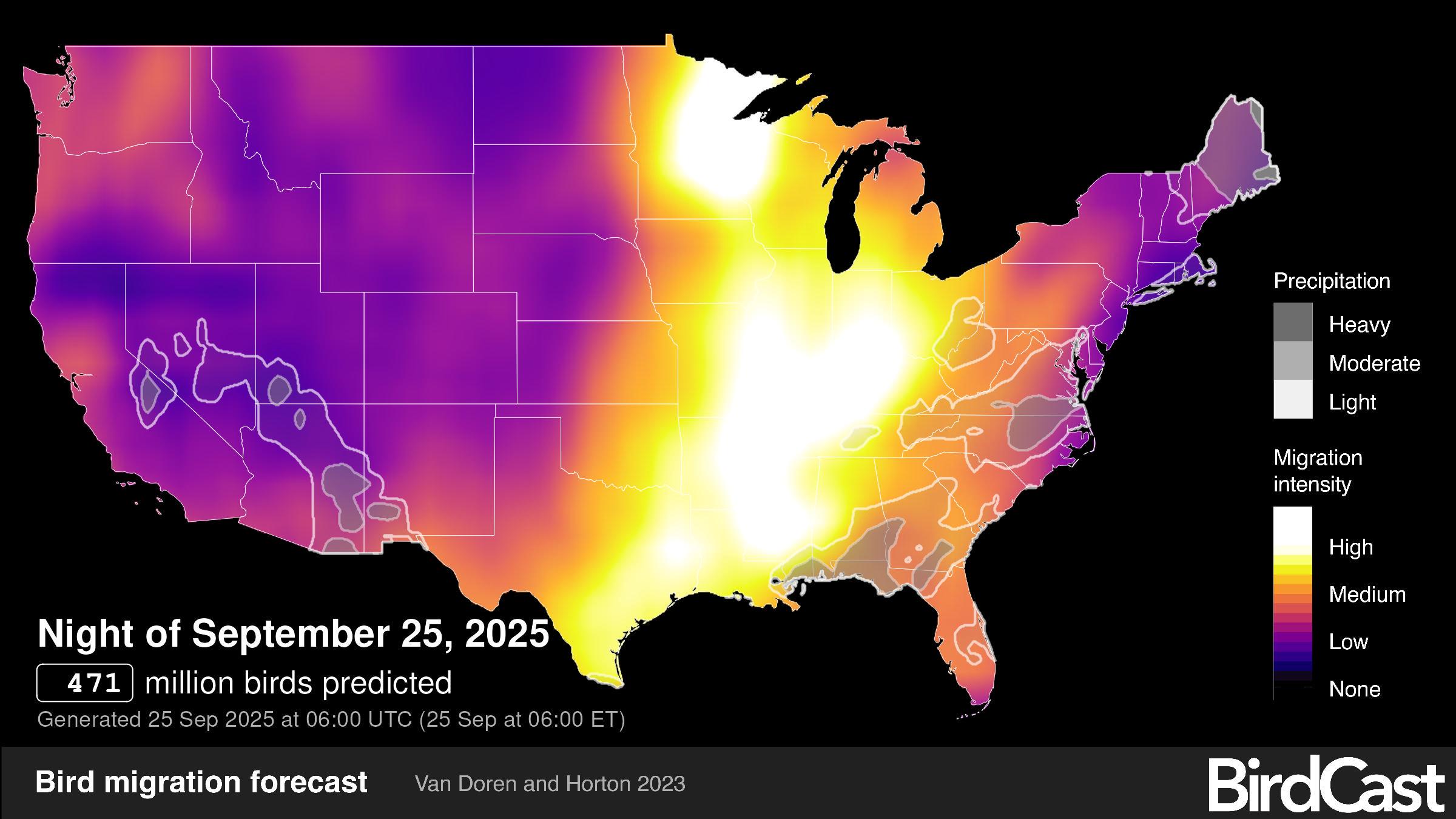 Van Doren, B. M and Horton, K. G. 2025. BirdCast, migration forecast map. Cornell Lab of Ornithology and Colorado State University. birdcast.info. 09/25/2025)