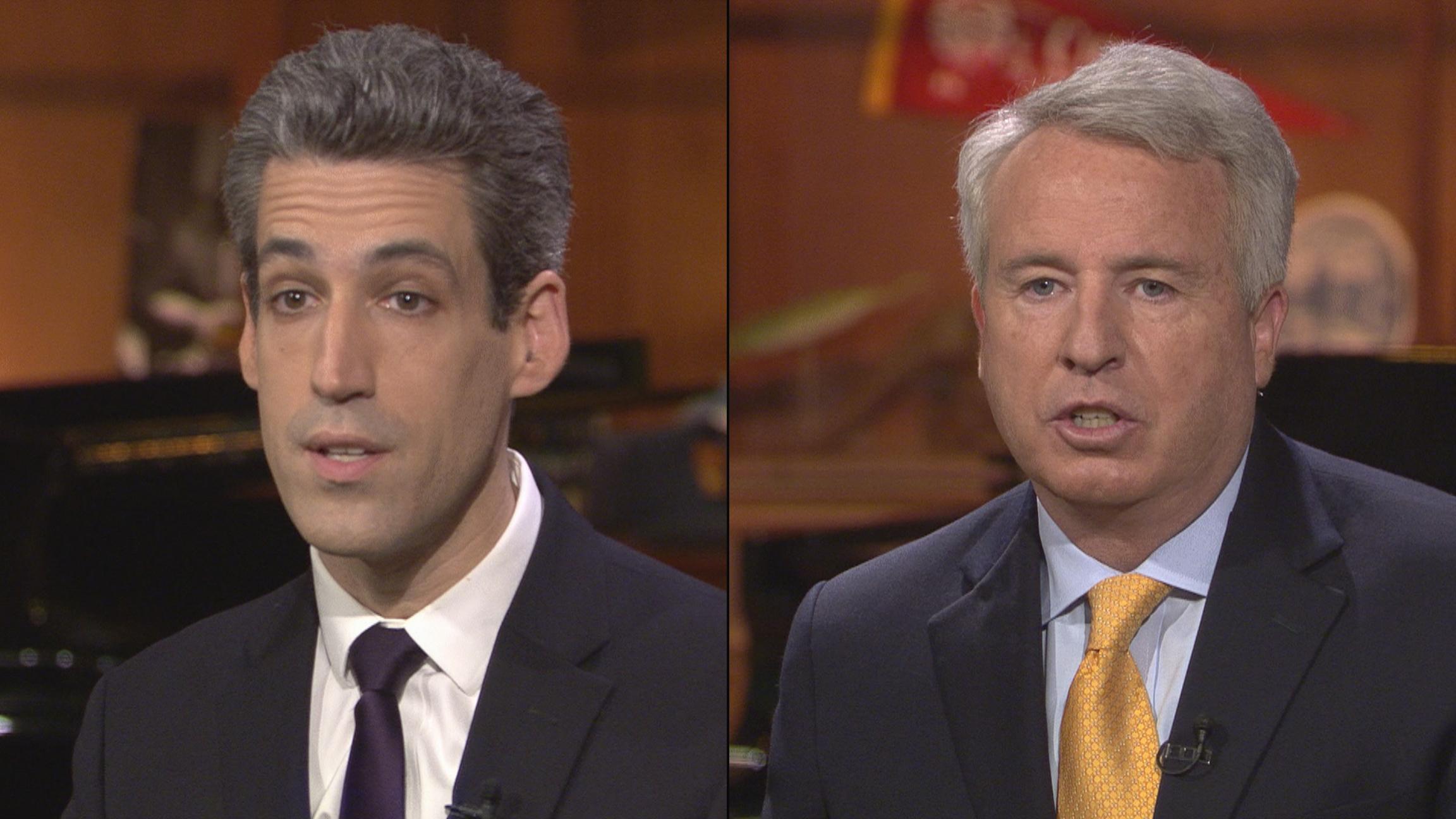 Democratic candidates for governor Daniel Biss, left, and Chris Kennedy participate in a candidate forum at WTTW on Monday.