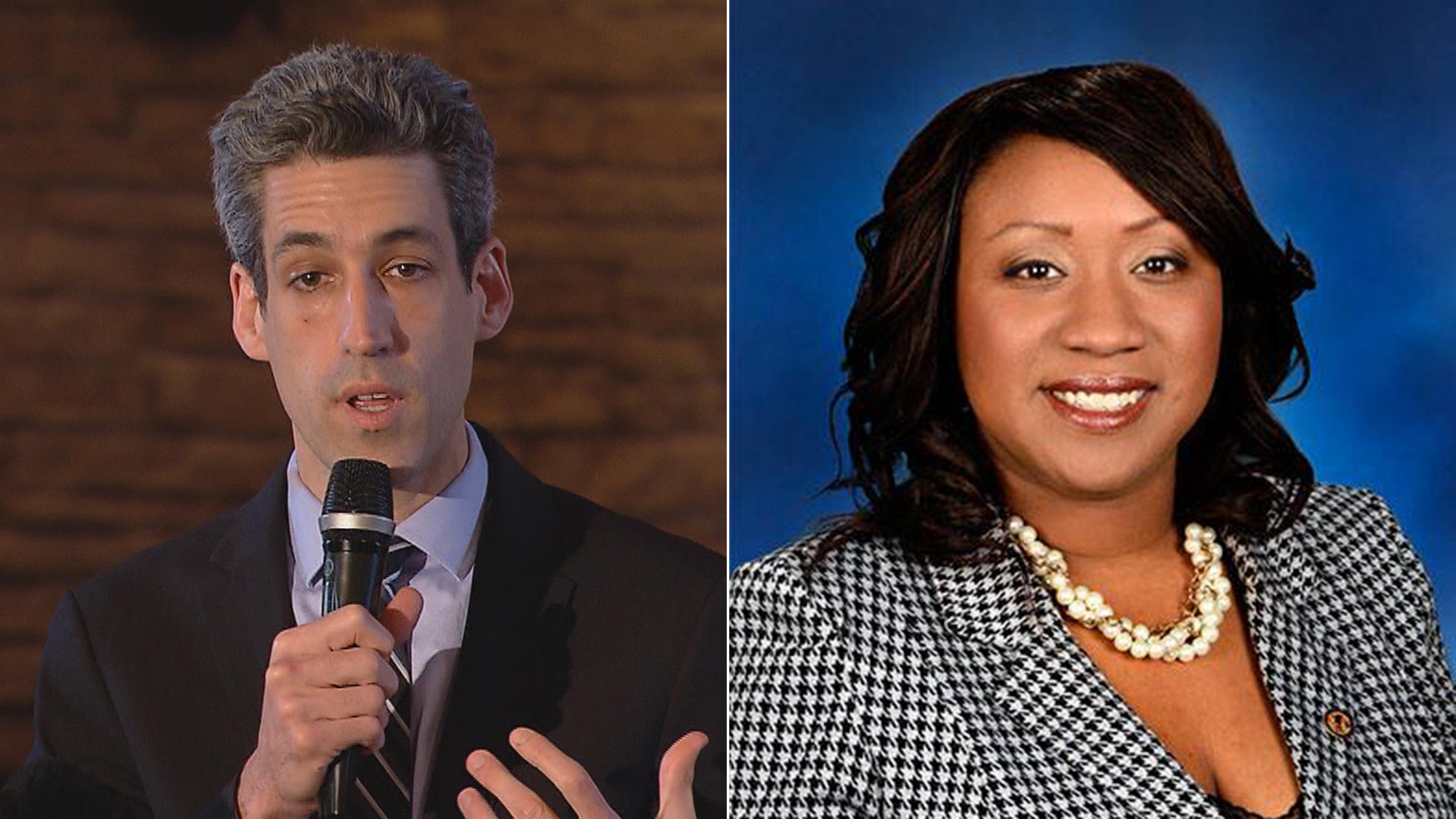 Left: Daniel Biss speaks to Cook County Democratic committeemen on March 27, 2017. (Chicago Tonight). Right: On Friday, Biss announced his new running mate, state Rep. Litesa Wallace. (Litesa Wallace / Facebook)
