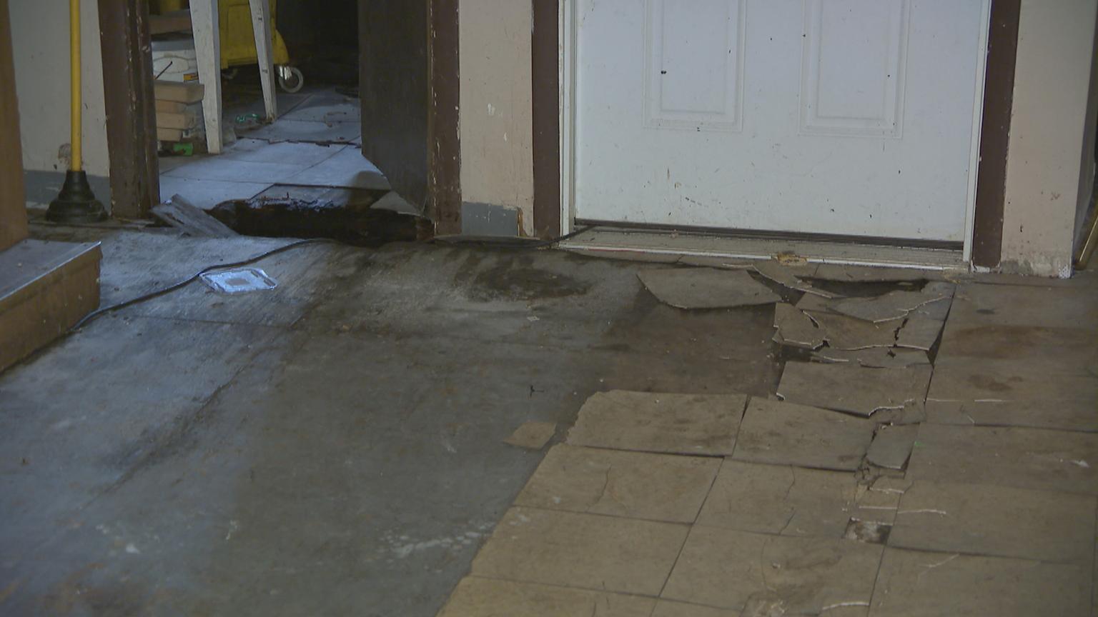 Among the many issues at the veterans hall is a roof that leaks and leaves pools of water on the floor. 