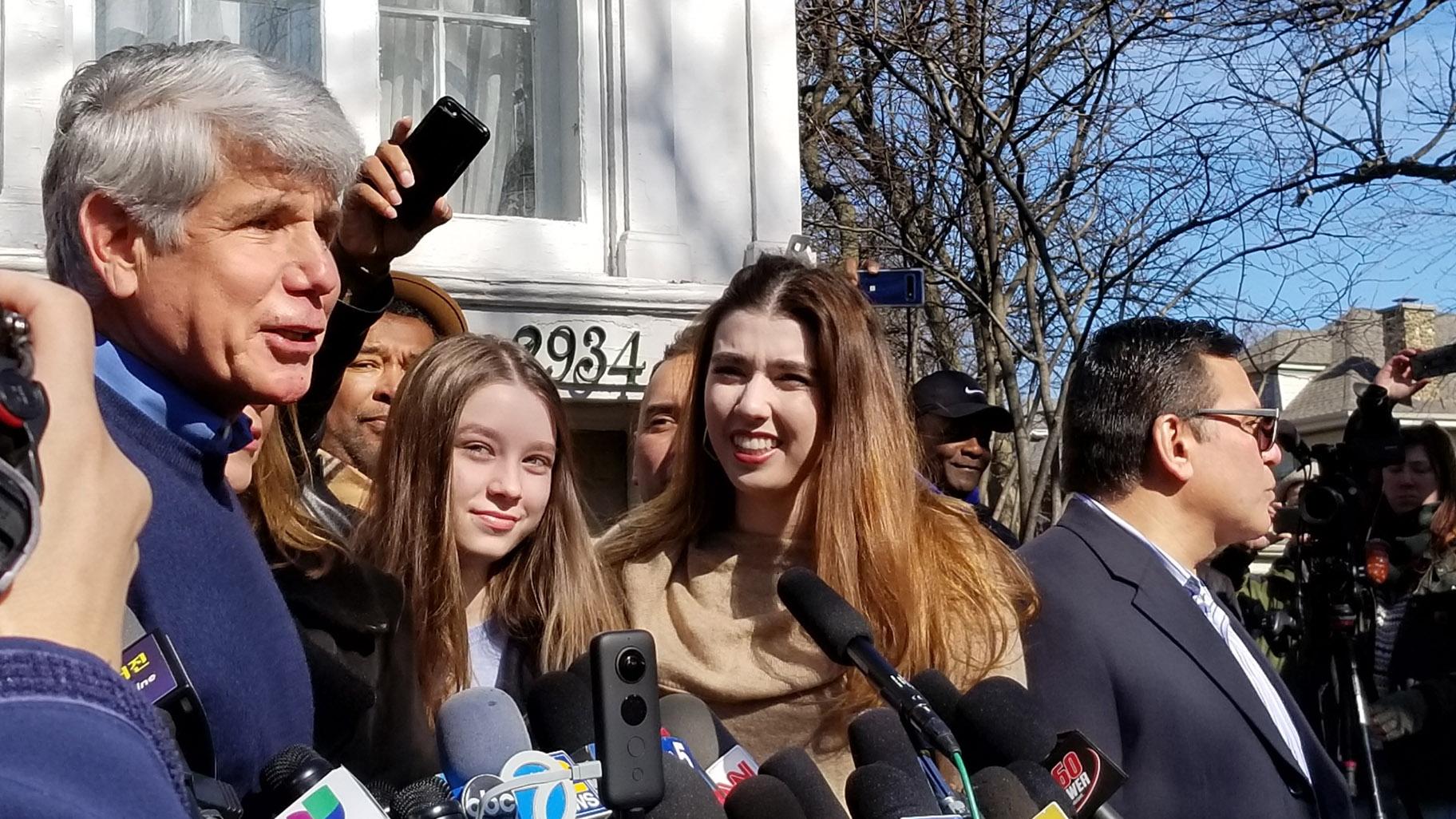 Former Illinois Gov. Rod Blagojevich speaks to the media after his 14-year sentence was cut short by President Donald Trump. At right is Mark A. Vargas. (Matt Masterson / WTTW News)