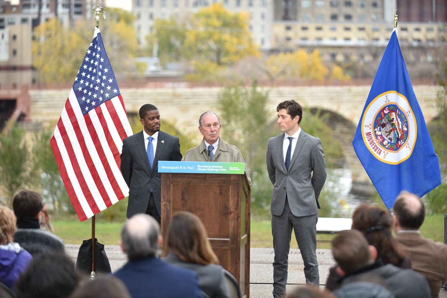 Former New York Mayor Michael Bloomberg speaks alongside the mayors of Minneapolis and St. Paul on Monday, Oct. 29, while announcing the Midwest winners of the American Cities Climate Challenge. (Courtesy Bloomberg Philanthropies) 