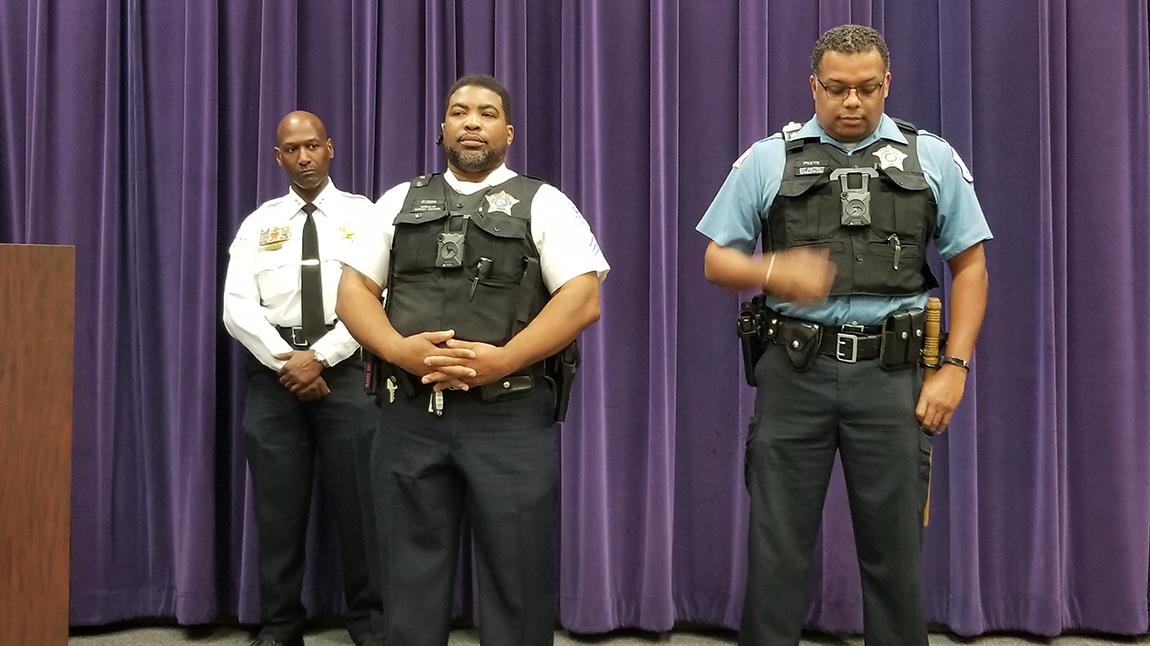 Chicago Police officers on Friday demonstrated both how they’ll wear and operate the body-worn cameras. (Matt Masterson / Chicago Tonight)