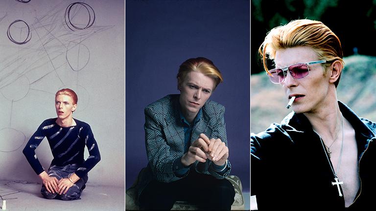 David Bowie in Los Angeles in 1974, left, and 1975, center. Right: Bowie takes a break from filming "The Man Who Fell to Earth" in New Mexico, 1975. (Steve Schapiro / powerHouse Books)