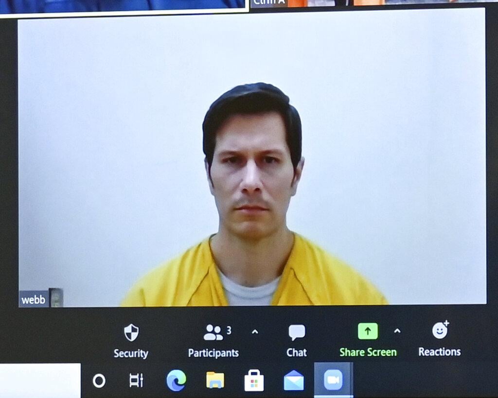 In this detail of a video conference screen, Duke Webb, accused of a January shooting that killed three and injured three, is arraigned at Winnebago County Justice Center on Friday, Feb. 19, 2021, in Rockford, Ill. (Scott P. Yates / Rockford Register Star via AP, Pool)