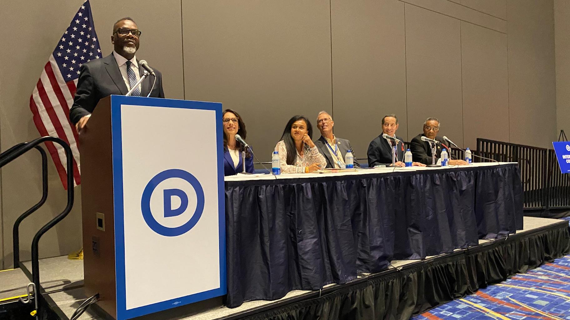Mayor Brandon Johnson addresses the Interfaith Council Meeting at the Democratic National Convention on Tuesday, Aug. 20, 2024. (Nick Blumberg / WTTW News)