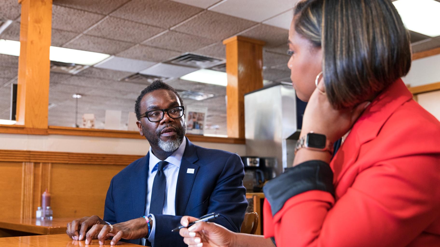 Mayor-elect Brandon Johnson takes “Chicago Tonight” co-anchor Brandis Friedman on a tour of the Austin neighborhood on April 13, 2023. (Michael Izquierdo / WTTW News)