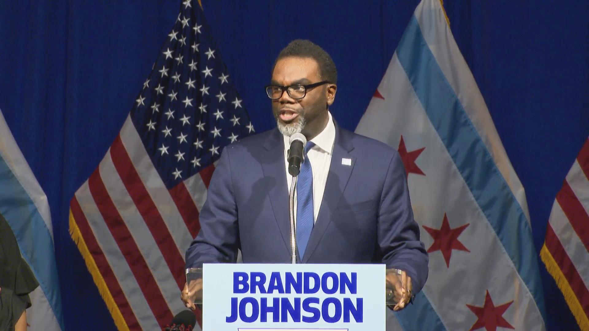 Brandon Johnson delivers his victory speech after clinching the Chicago mayoral election. (WTTW News)