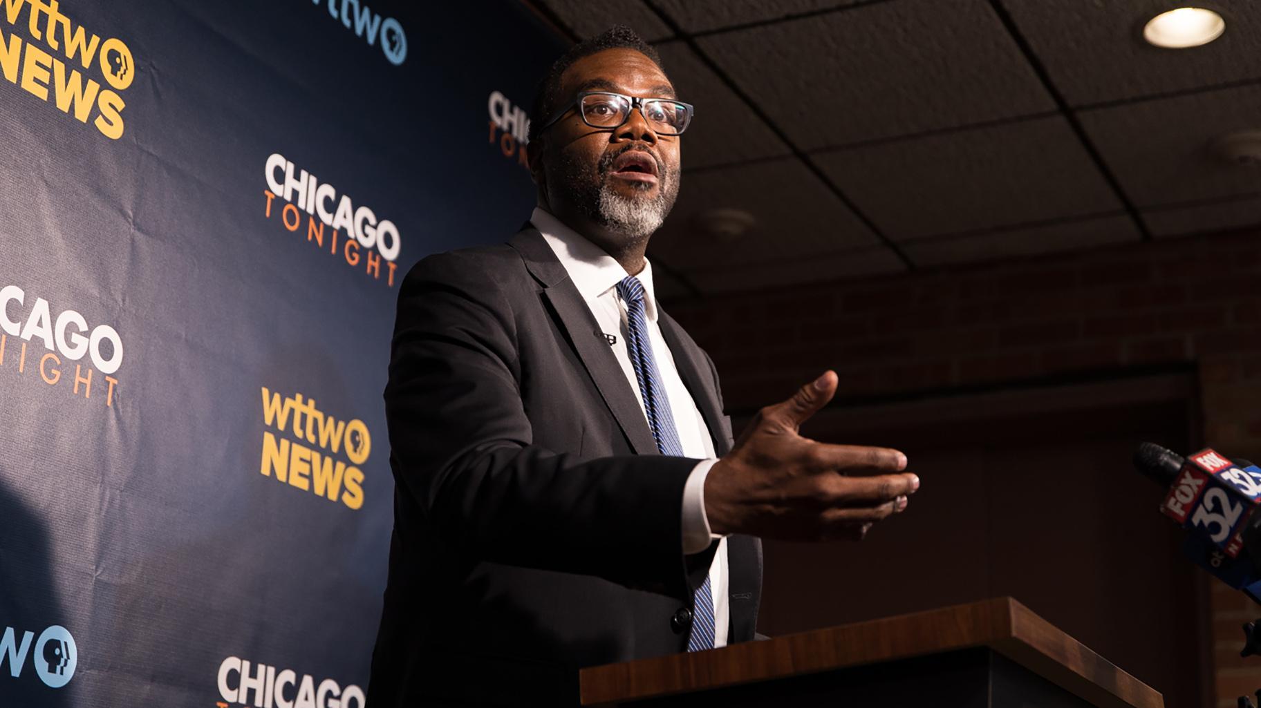 Cook County Commissioner Brandon Johnson, a candidate for Chicago mayor, speaks at a press conference after the WTTW News Mayoral Forum on Feb. 7, 2023. (Michael Izquierdo / WTTW News)