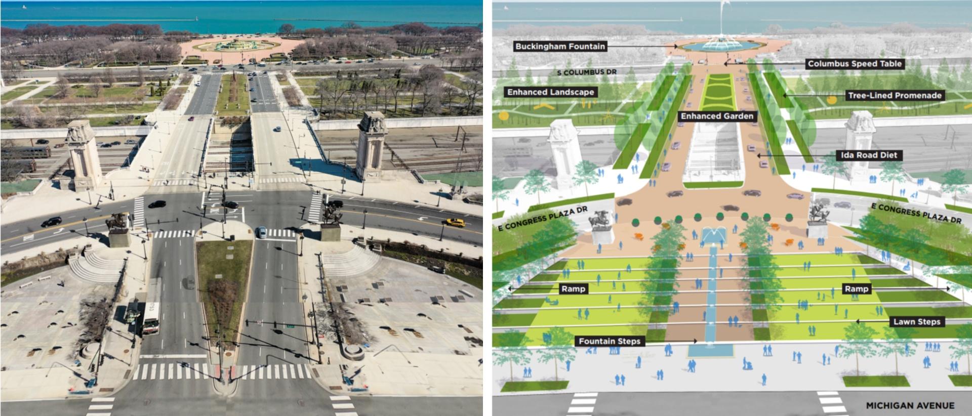 Congress Plaza as it stand now, left, and how it’s been reimagined as part of the new framework plan for Grant Park. (Courtesy of Chicago Park District)