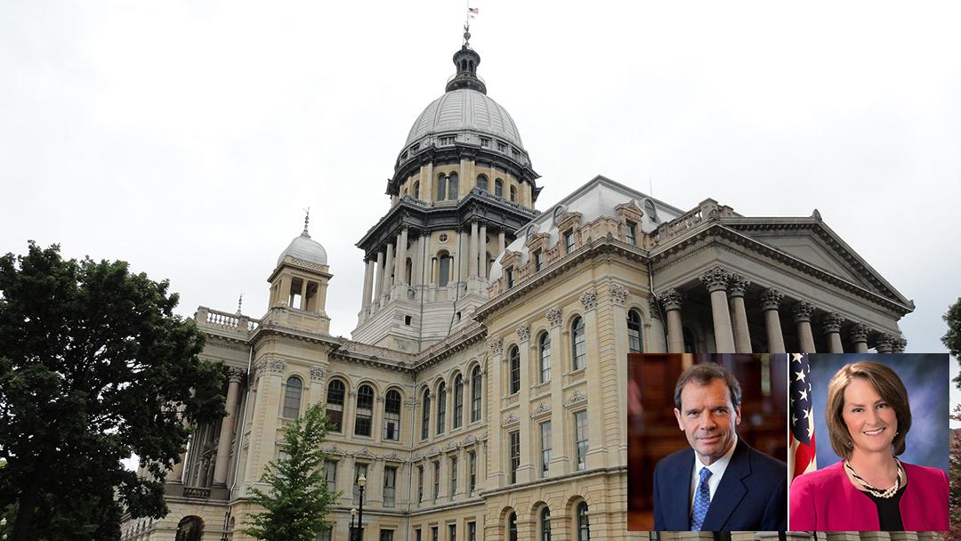 The Illinois State Capitol (Meagan Davis / Wikimedia Commons). Inset: Senate President John Cullerton, Republican Leader Christine Radogno.