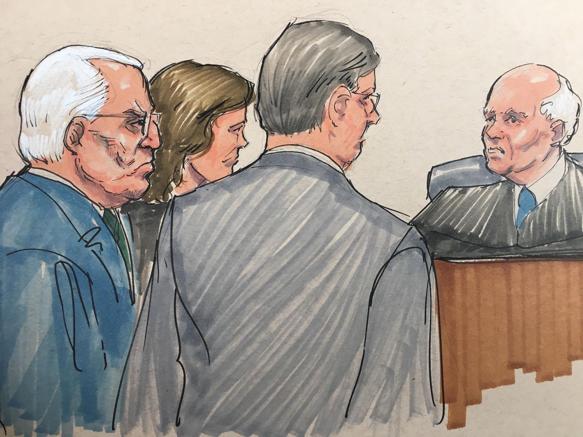 In this courtroom sketch, Ald. Ed Burke, left, appears before U.S. Federal Magistrate Judge Jeffrey Cole with his attorneys on Tuesday, June 4, 2019. (Credit: Tom Gianni)