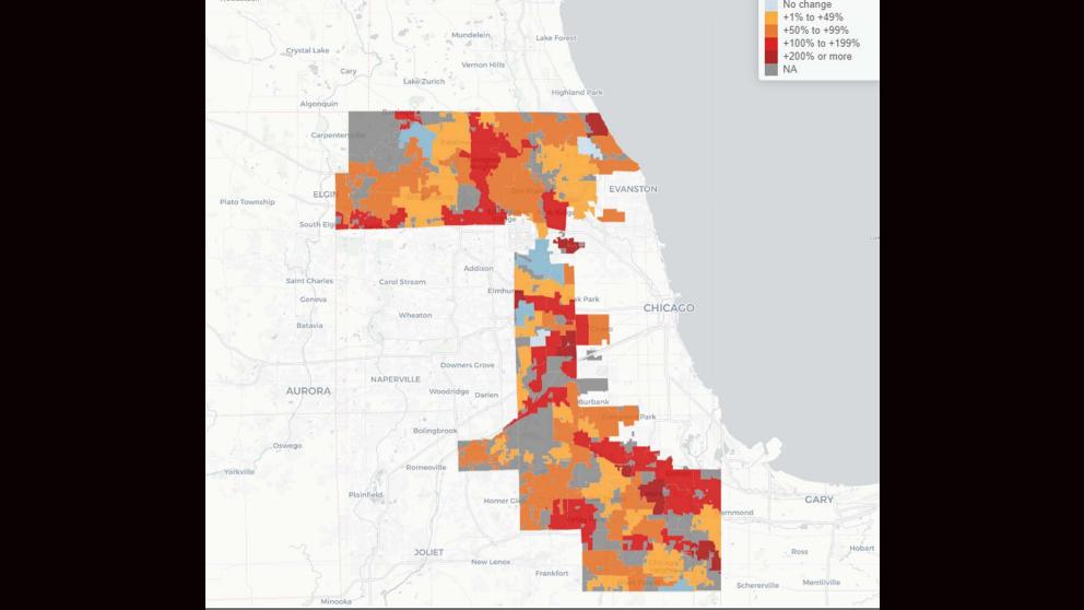 A map shows changes in COVID-19 cases in suburban Cook county in 2021, from March 22 to April 5. (Credit: Cook County Department of Public Health)